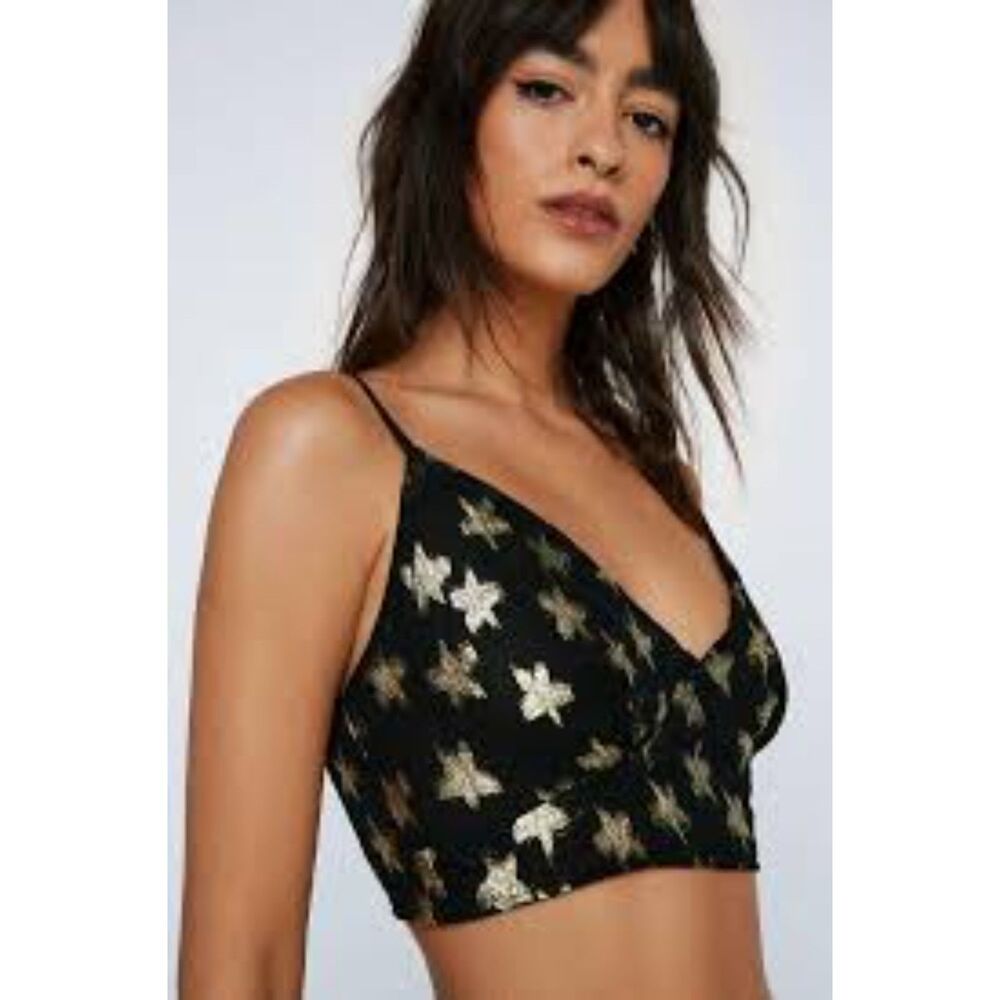 Nasty Gal Crop Top Black with Gold Metallic Stars Size 4 V-Neck